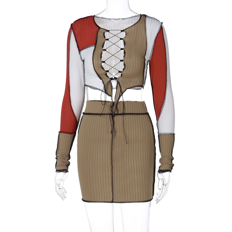 Naisten Crop Top ja Hame Setti hienovaraisella nyöritysdetaljilla Luvik