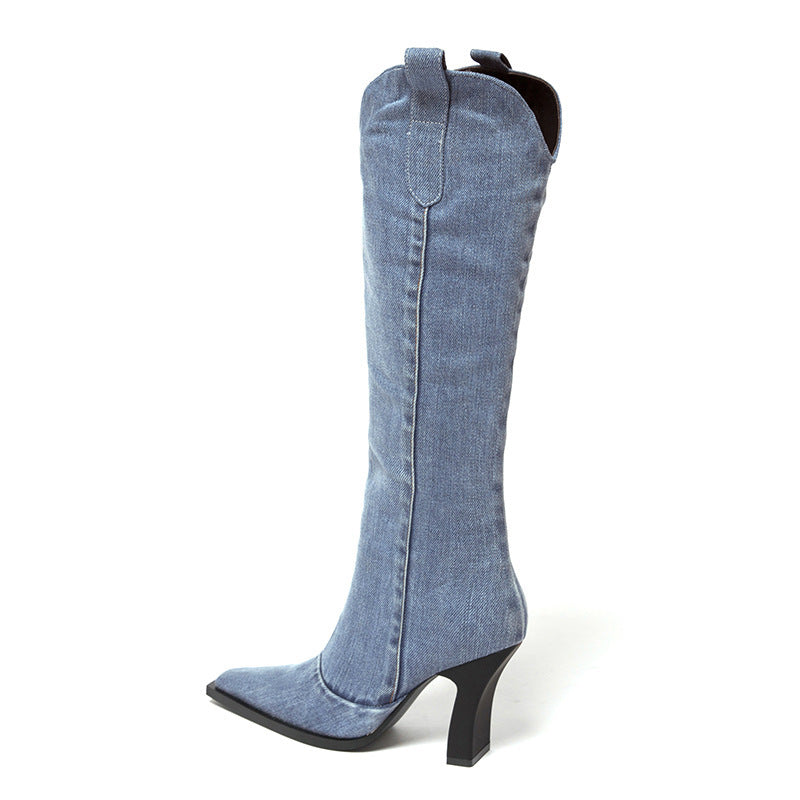 Naisten denim cowboy-kengät muotiluottoisella palkeella ja terävällä varväällä Luvik