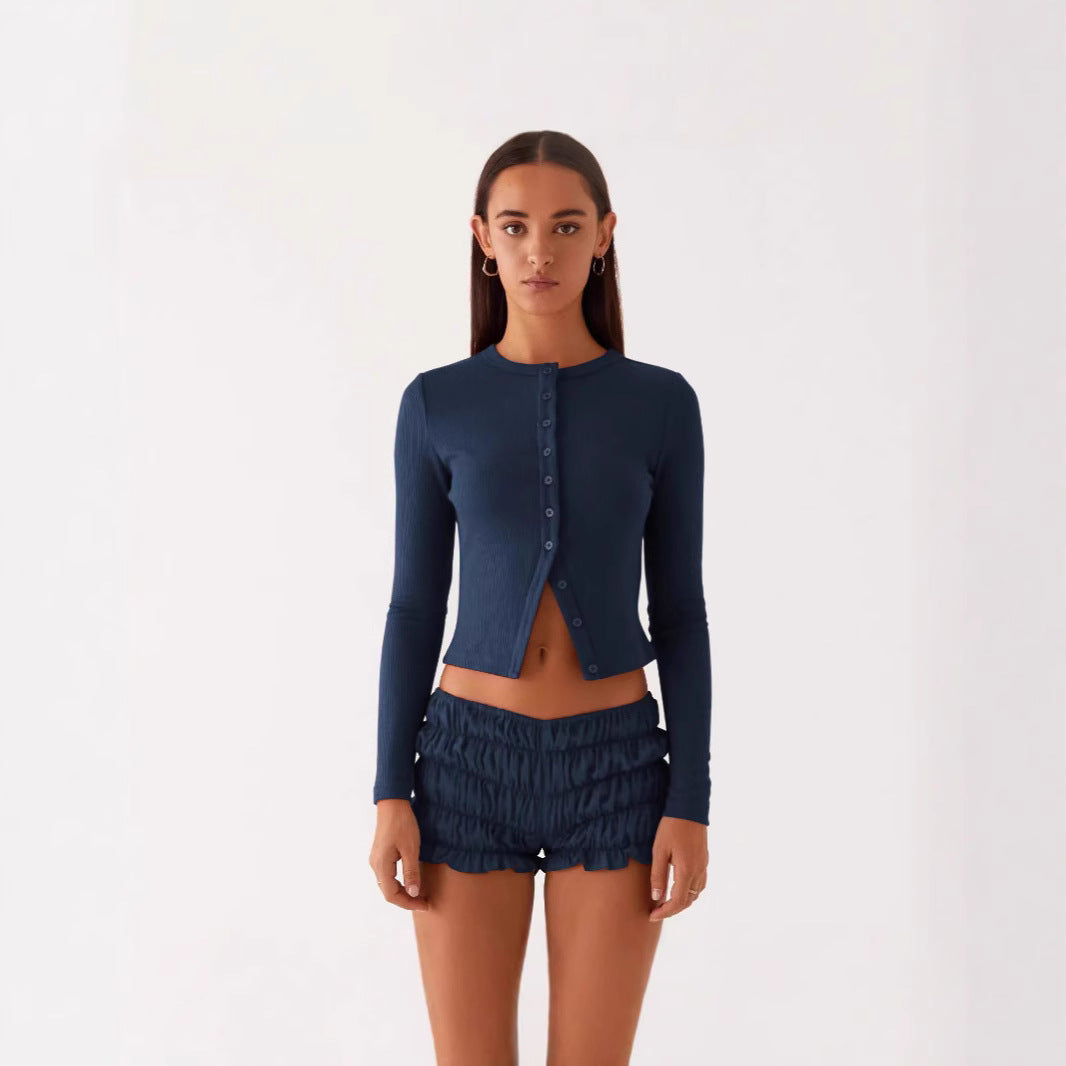 Nainen Rippiraidallinen Pitkähiha Button-Up Top Luvik