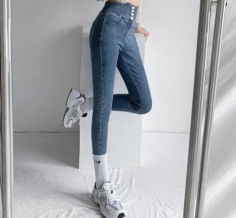 Luvik | Korkeavyötäröiset Skinny-farkut Korsettivyö Stretch Denim Kapea Istuvuus