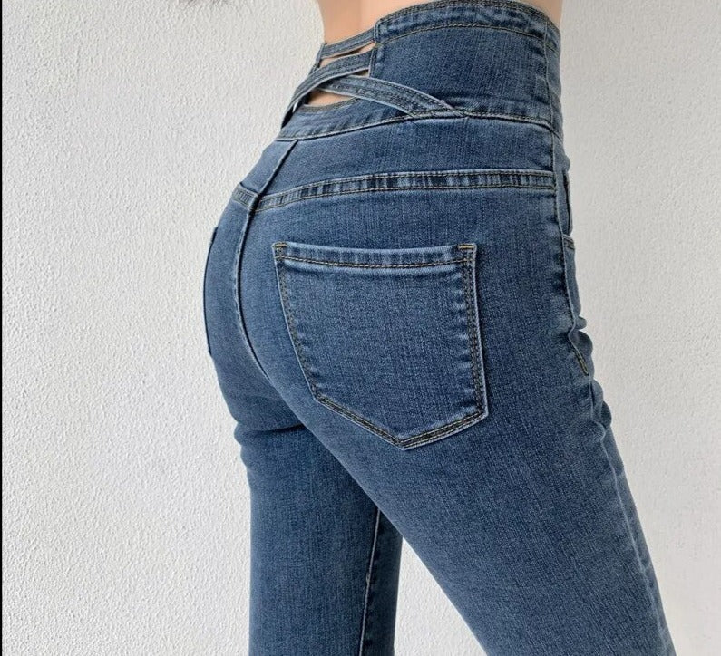 Luvik | Korkeavyötäröiset Skinny-farkut Korsettivyö Stretch Denim Kapea Istuvuus