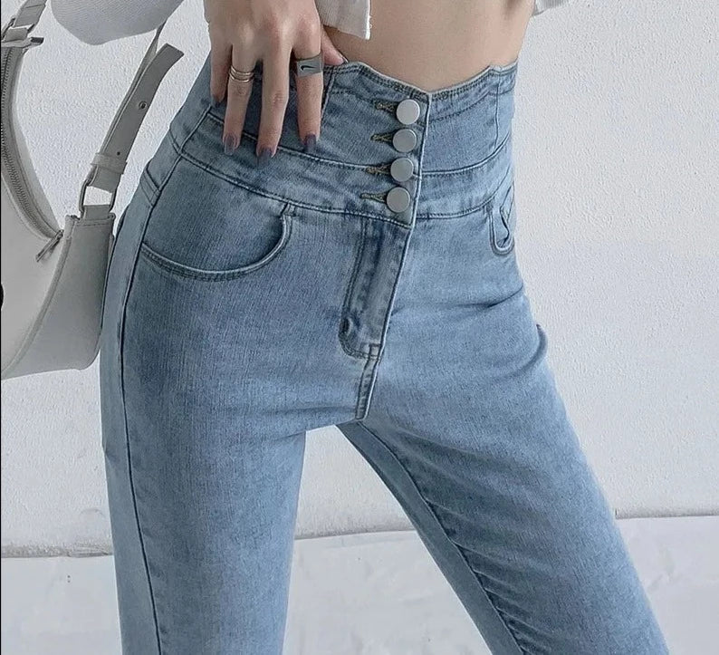 Luvik | Korkeavyötäröiset Skinny-farkut Korsettivyö Stretch Denim Kapea Istuvuus