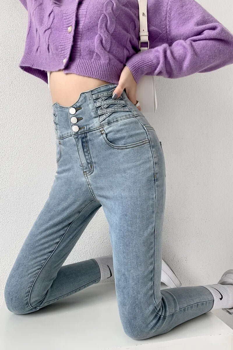 Luvik | Korkeavyötäröiset Skinny-farkut Korsettivyö Stretch Denim Kapea Istuvuus