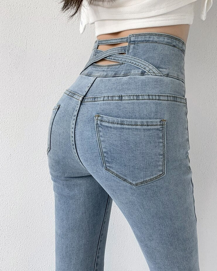 Luvik | Korkeavyötäröiset Skinny-farkut Korsettivyö Stretch Denim Kapea Istuvuus