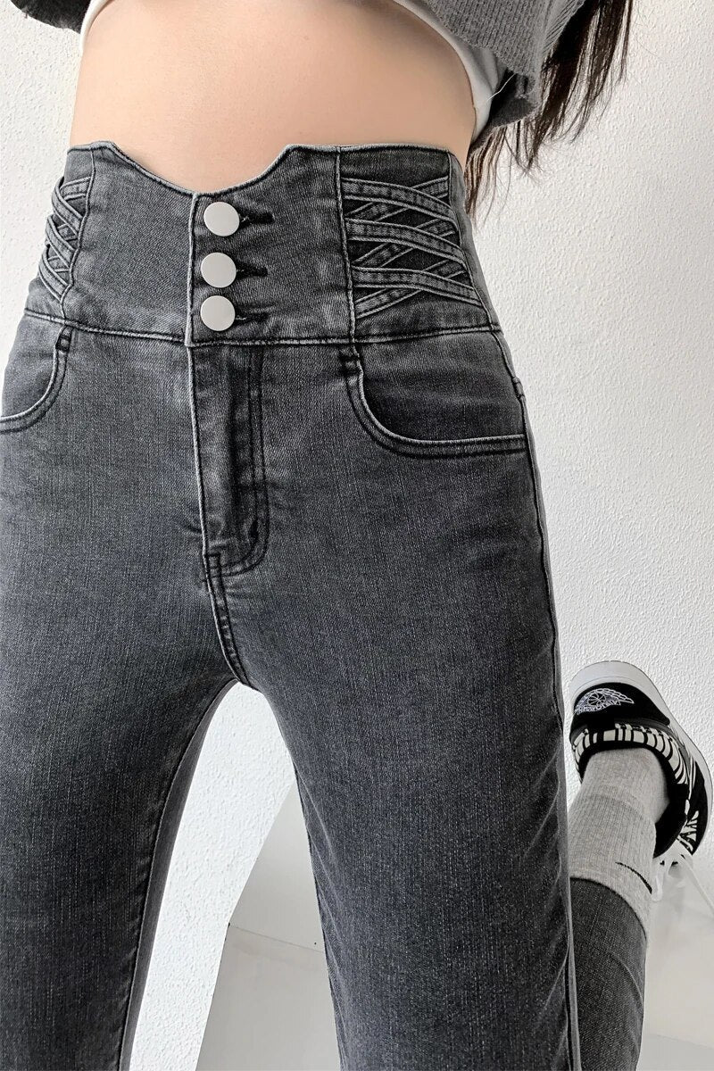 Luvik | Korkeavyötäröiset Skinny-farkut Korsettivyö Stretch Denim Kapea Istuvuus