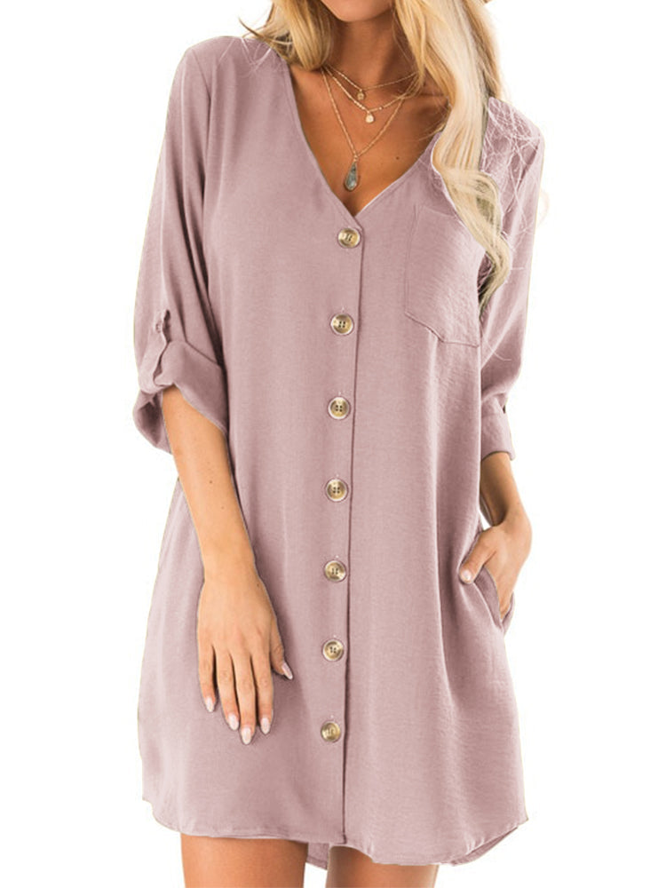 Luvik | Women's Button Pleat V-neck Loose Mini Dress with Pockets
