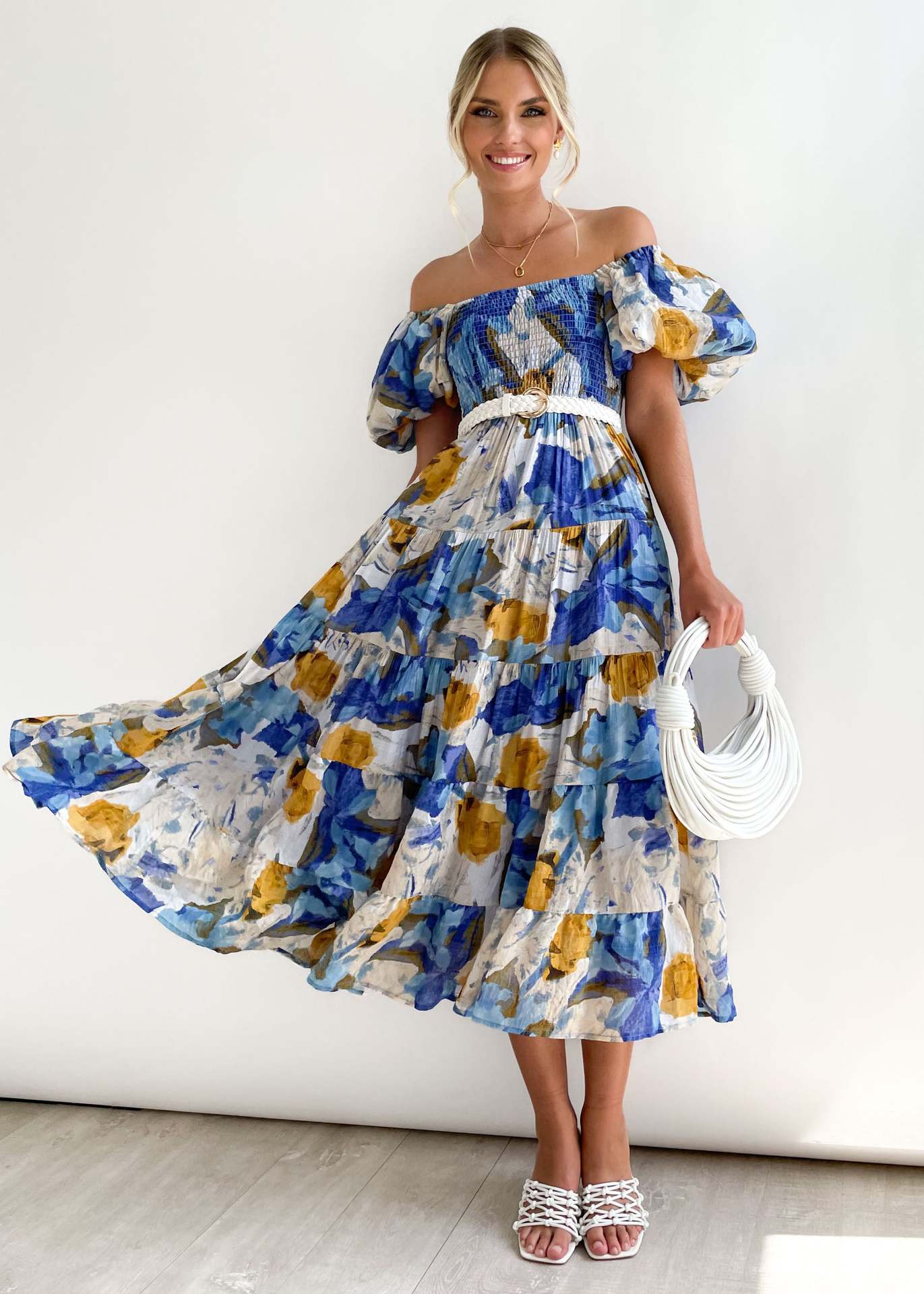 Luvik | Naisten Loma Korkea Vyötärö Off-Shoulder Painatus Mekko Kuplahihalla