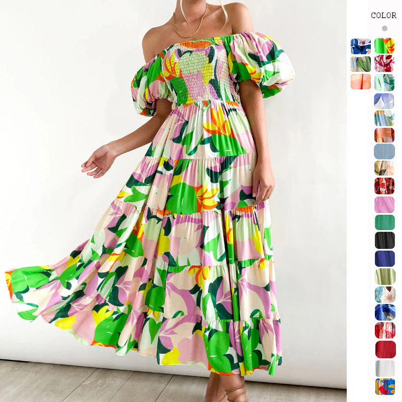 Luvik | Naisten Loma Korkea Vyötärö Off-Shoulder Painatus Mekko Kuplahihalla