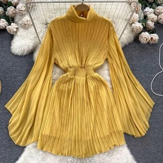 Luvik | Pleated bell sleeve turtleneck dress