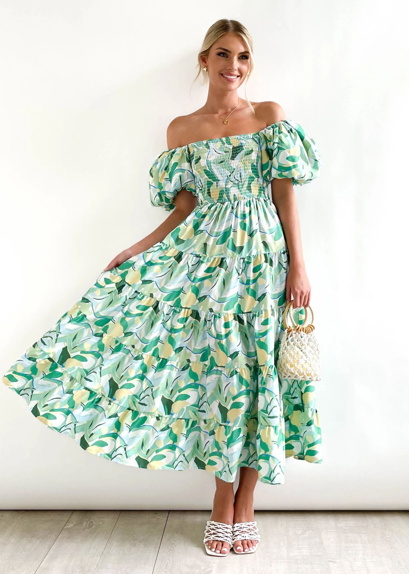 Luvik | Naisten Loma Korkea Vyötärö Off-Shoulder Painatus Mekko Kuplahihalla