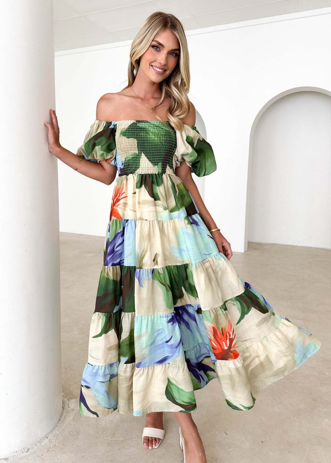 Luvik | Naisten Loma Korkea Vyötärö Off-Shoulder Painatus Mekko Kuplahihalla