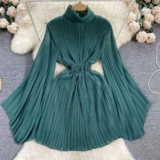 Luvik | Pleated bell sleeve turtleneck dress