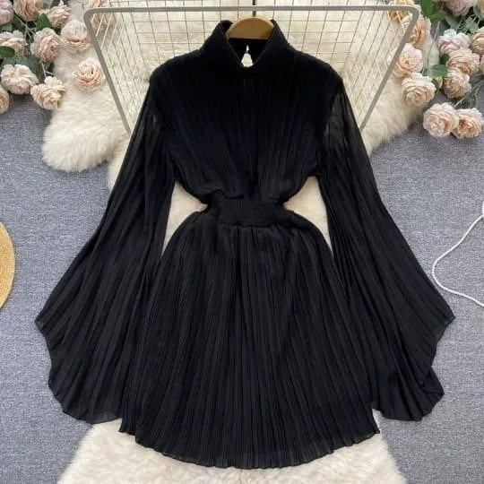 Luvik | Pleated bell sleeve turtleneck dress