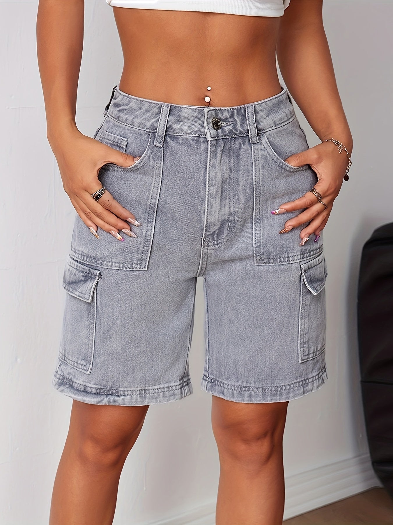 Luvik | Tyylikkäät Harmaat Denim Cargo-shortsit Korkealla Vyötäröllä