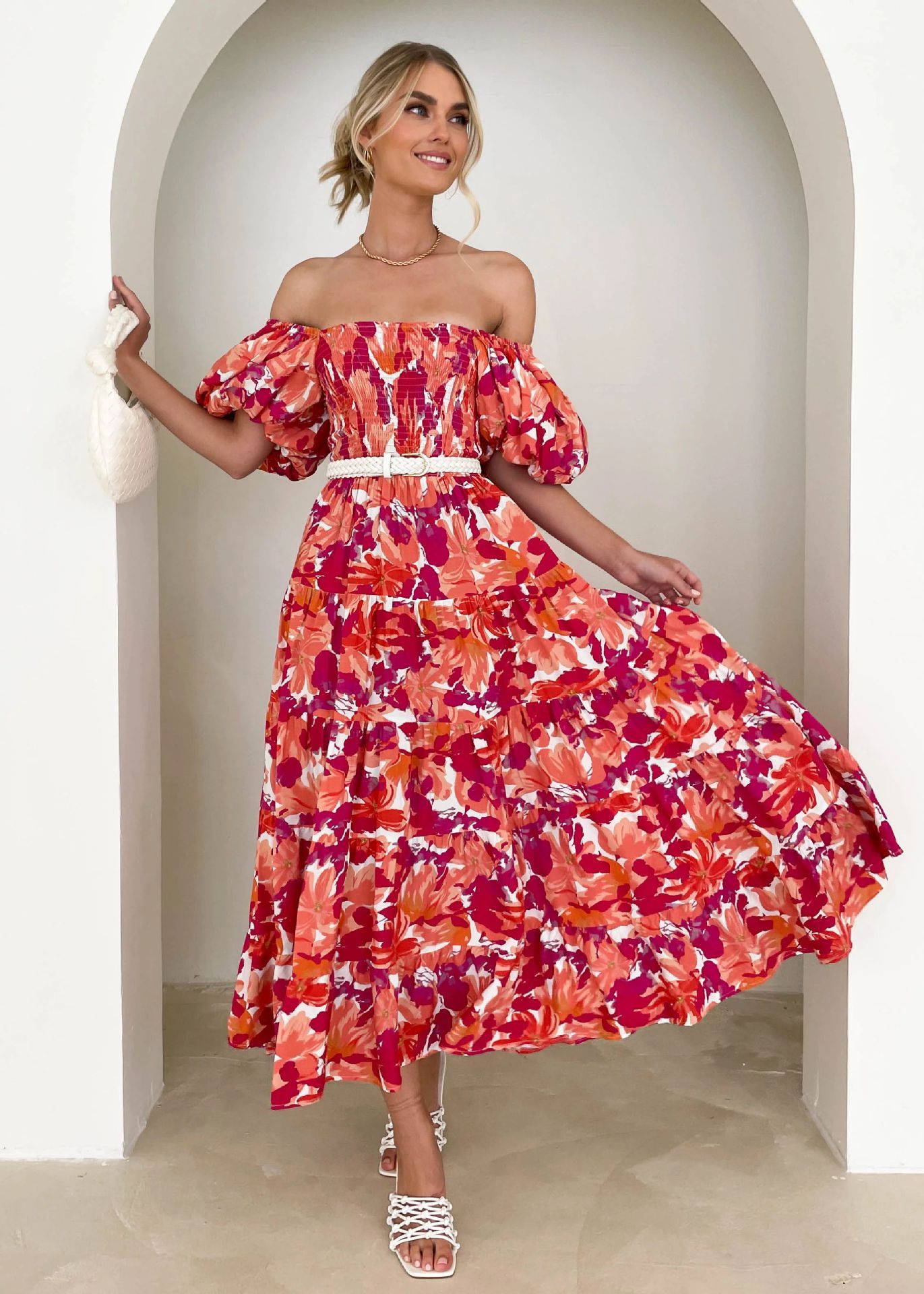 Luvik | Naisten Loma Korkea Vyötärö Off-Shoulder Painatus Mekko Kuplahihalla