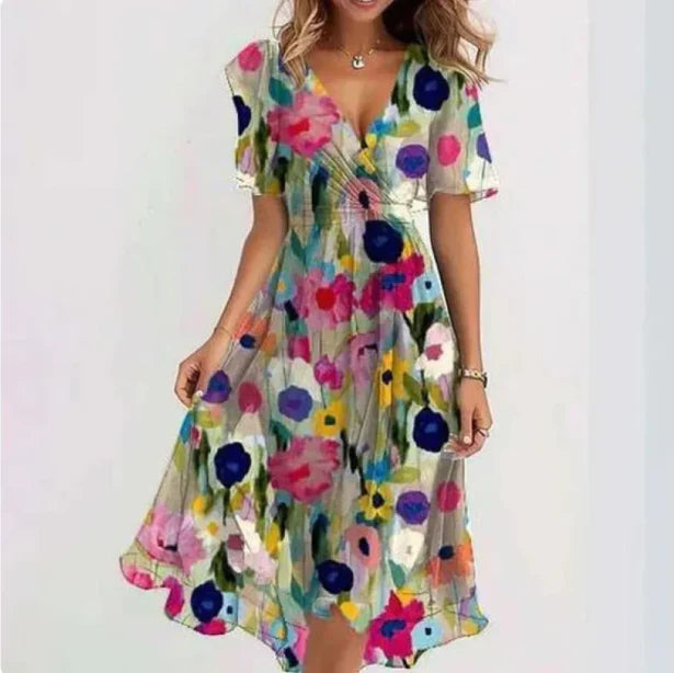 Luvik | Blumen V-aukko Chiffon Midi Mekko Naisille