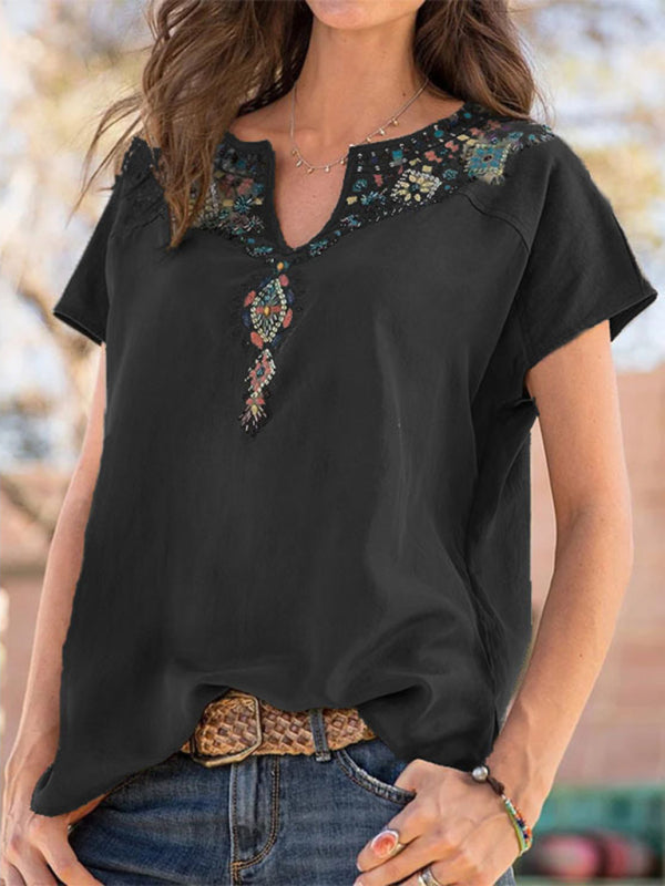 Luvik | Naisten löysä lännen etninen tyyli toppi ly short sleeve T-paita