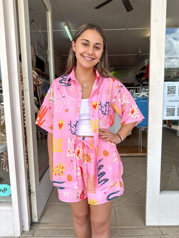 Luvik | Naisten vaatteet Painetut paidat Loungewear-asut Painetut shortsit Solmio Joustava Tilava Kaksiosainen setti