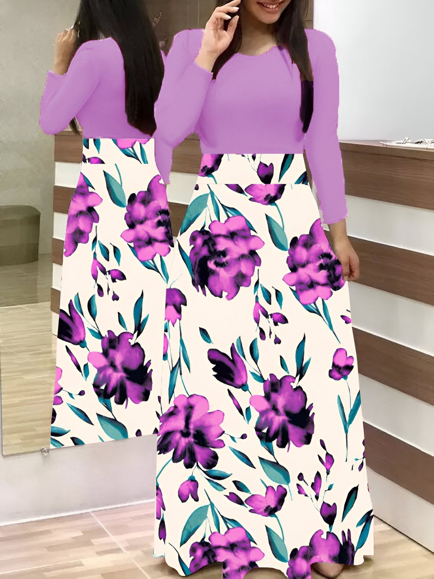 Luvik | Elegant Flower Dress Color Block