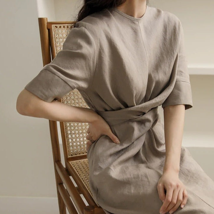 Luvik | Rento Pleated Long Dress With Round Neckline And Loose Cut Half Sleeves