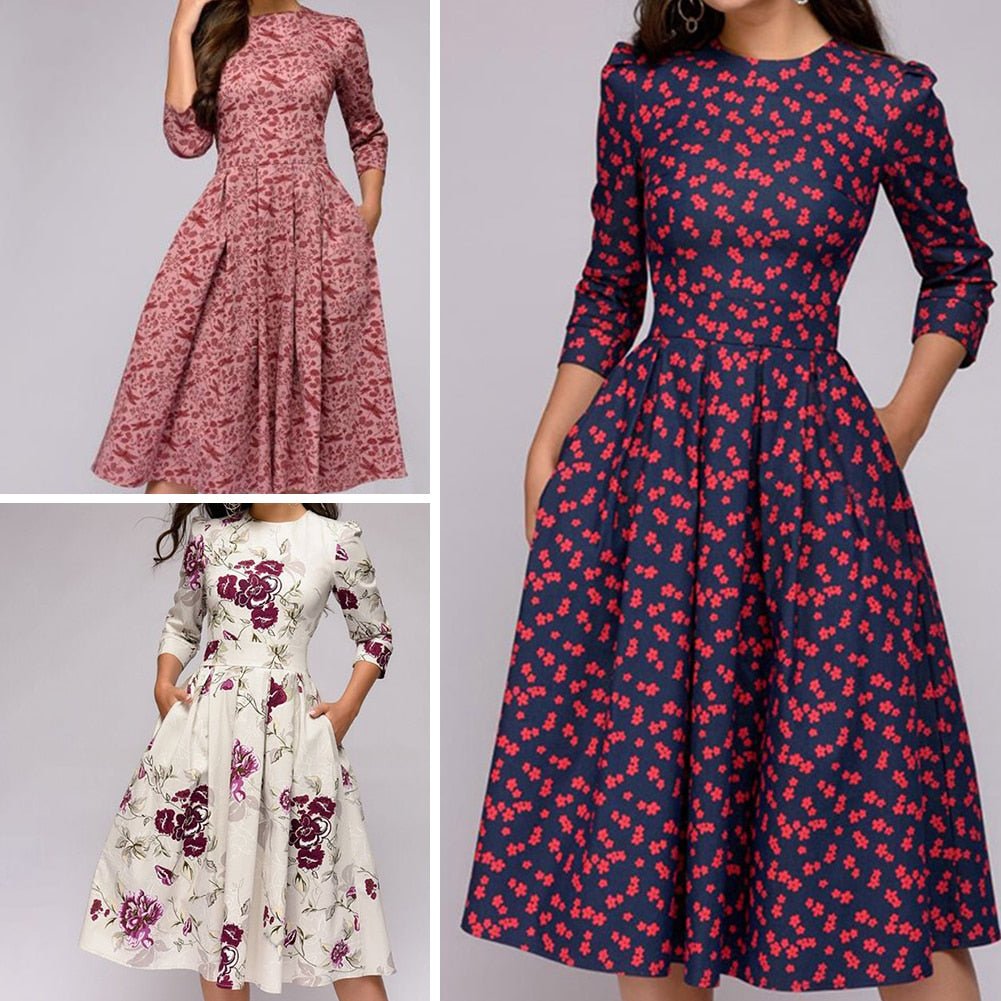 Luvik | Midimekko Fit And Flare A-linja Kolme neljännestä hihaa Kukkapainatus