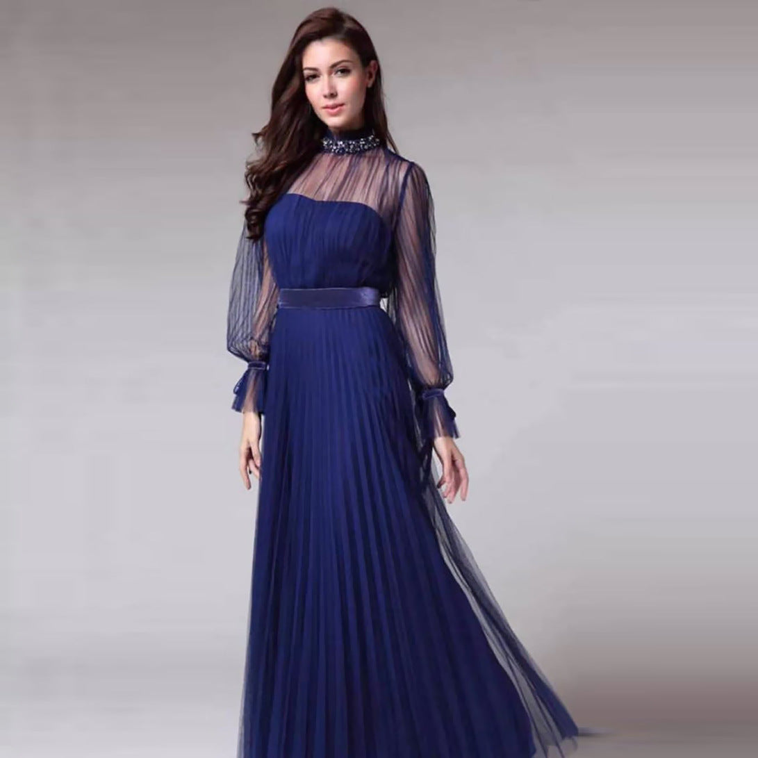 Naisten pleated dress with transparent sleeves and sparkling collar Luvik
