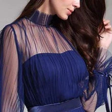 Naisten pleated dress with transparent sleeves and sparkling collar Luvik