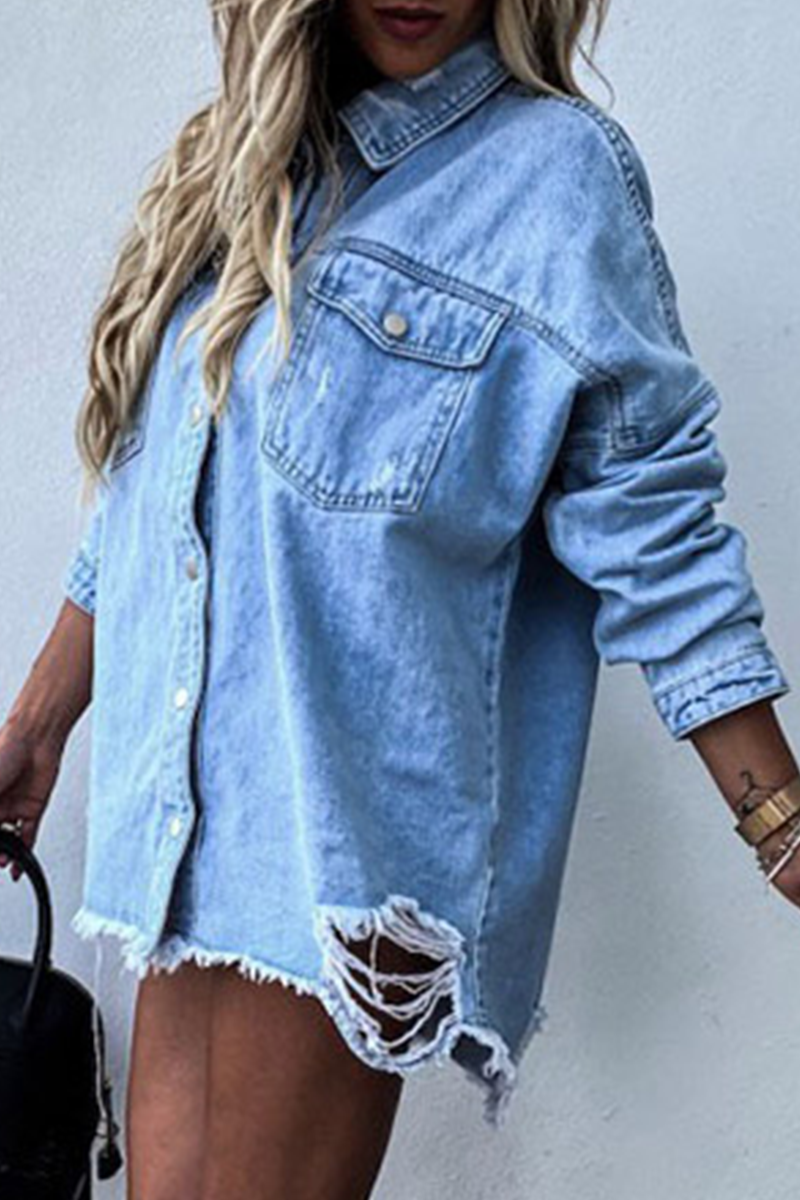 Luvik | Revitty Vanha Käännetty Kaulus Pitkät Hihat Denim Takki