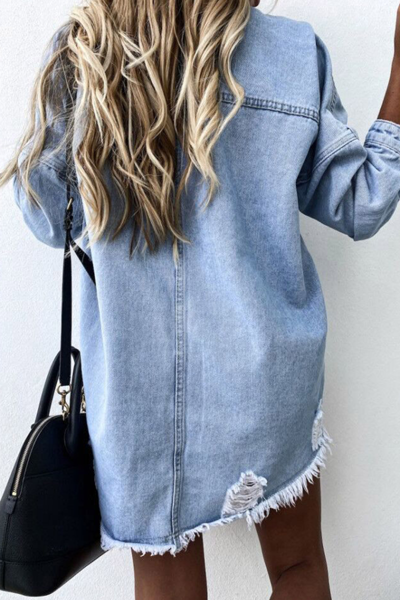 Luvik | Revitty Vanha Käännetty Kaulus Pitkät Hihat Denim Takki