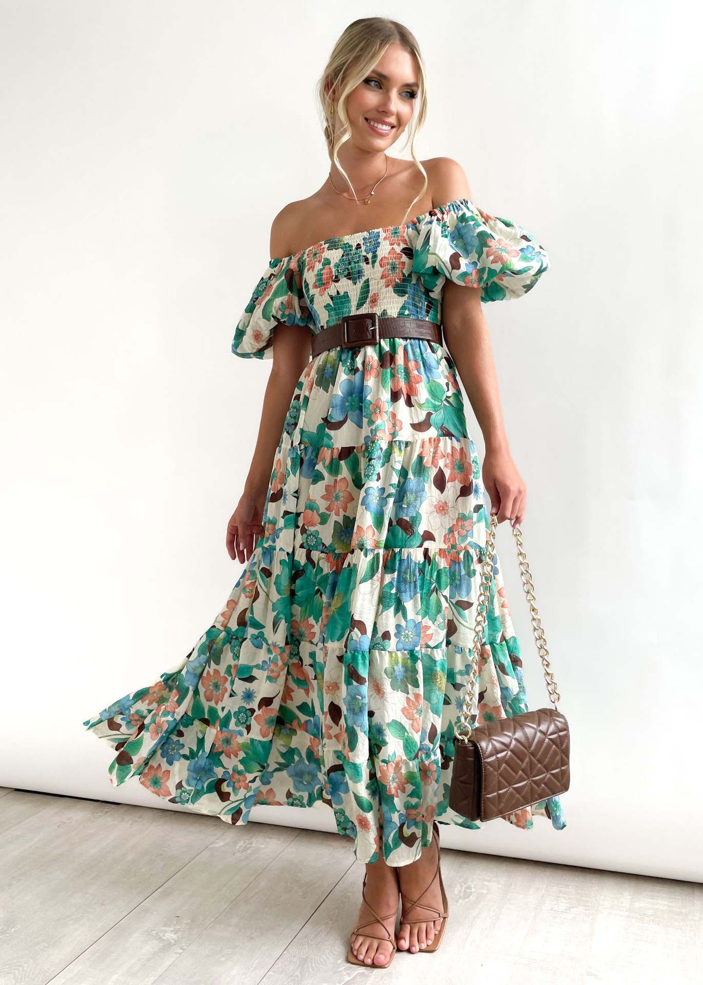 Luvik | Naisten Loma Korkea Vyötärö Off-Shoulder Painatus Mekko Kuplahihalla