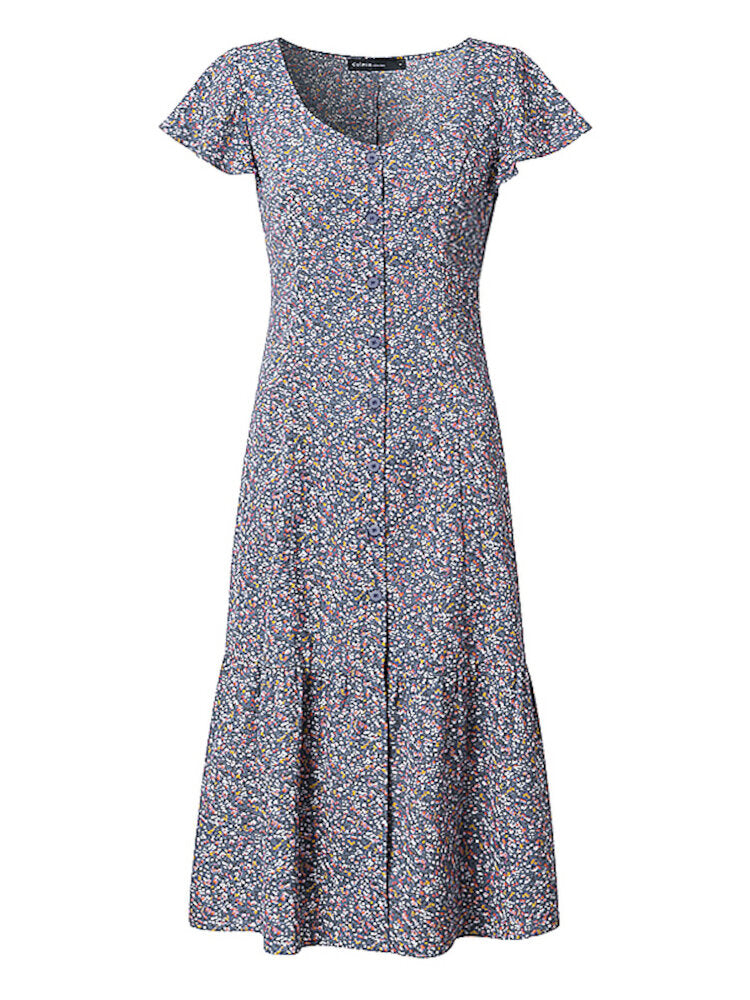Luvik | Elegant European Style Ruffled Floral Casual Knit Women Midi Dress