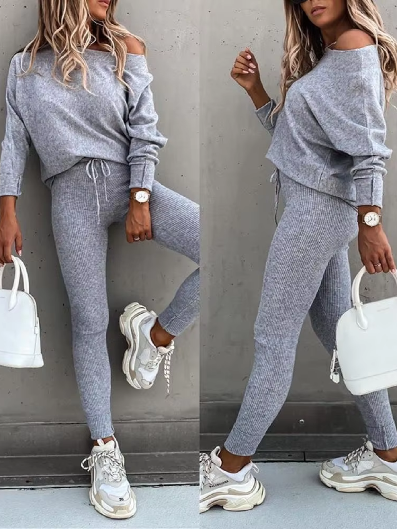 Luvik | Naisten Kotiasu Tyylikäs Off Shoulder Paita Ja Leggings Sarja