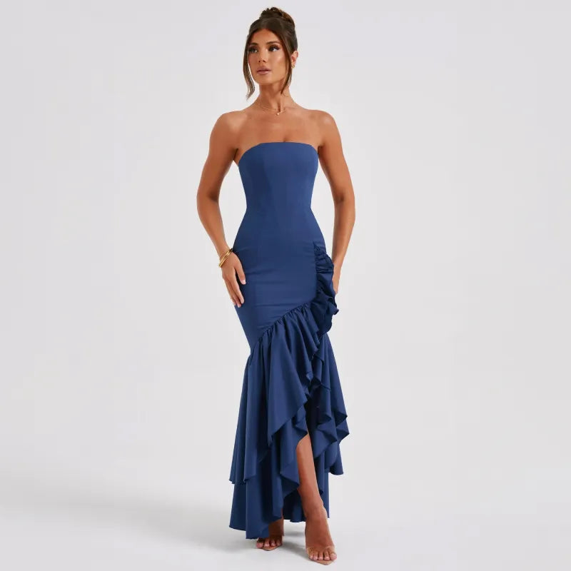 Luvik | Cocktail Maxi Mekko Olkaimeton Bodycon Fit Rypytys Asynnin Yksityiskohta