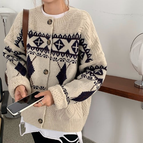 Luvik | Retro Korean Style Loose Rhombus Pattern Thickened Student Sweater Coat