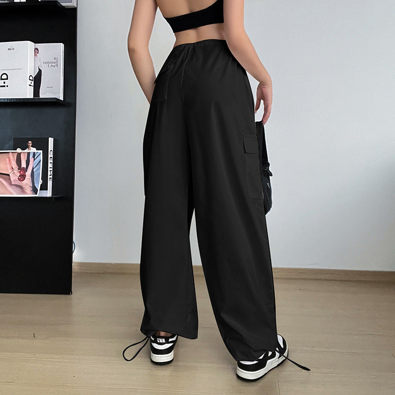 Luvik | Large Sizes String Straight Legs Cargo Pants for Women Loose and Wide Legs
