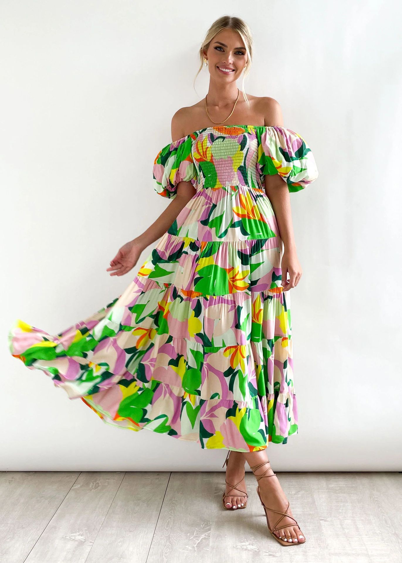Luvik | Naisten Loma Korkea Vyötärö Off-Shoulder Painatus Mekko Kuplahihalla