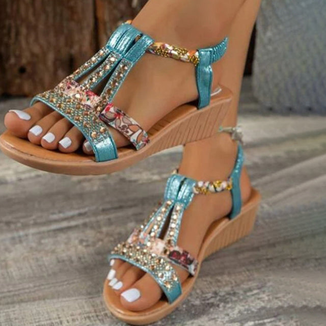 Luvik | Elegant Sandals with Cork Sole and Strass Details for Women