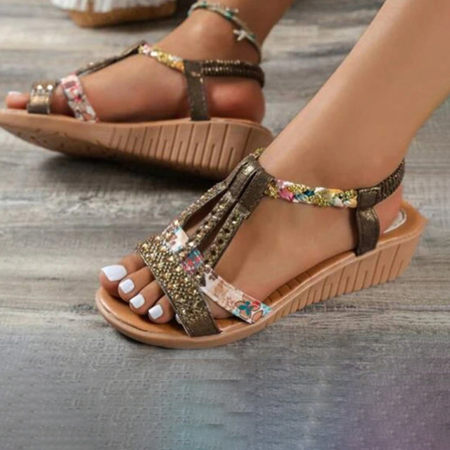 Luvik | Elegant Sandals with Cork Sole and Strass Details for Women