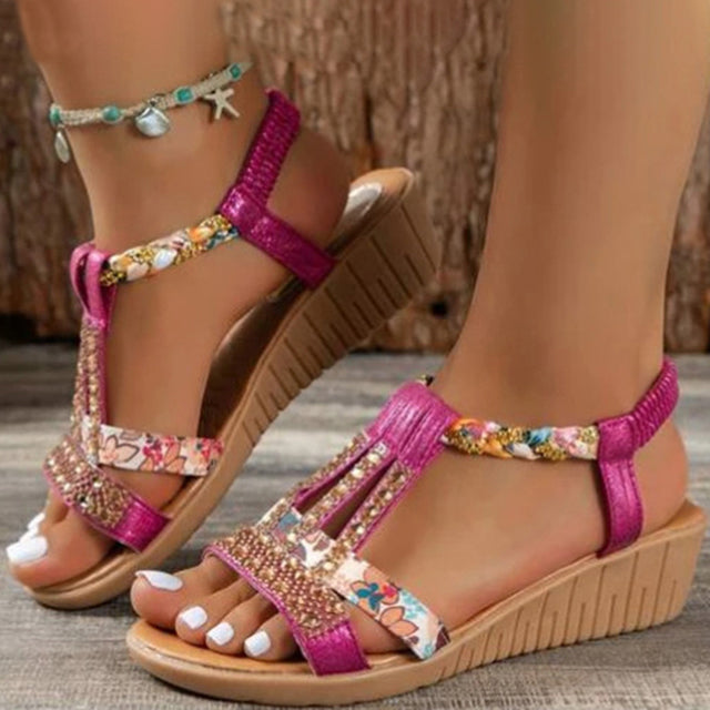Luvik | Elegant Sandals with Cork Sole and Strass Details for Women