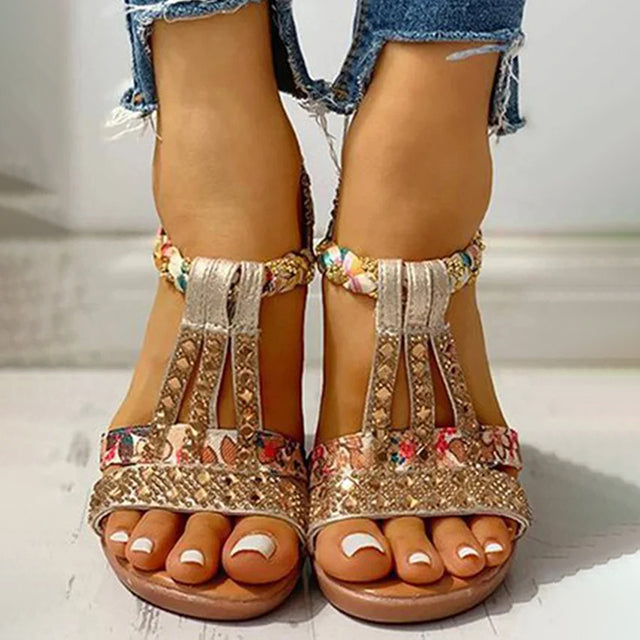 Luvik | Elegant Sandals with Cork Sole and Strass Details for Women