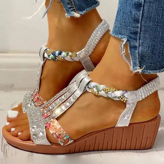 Luvik | Elegant Sandals with Cork Sole and Strass Details for Women