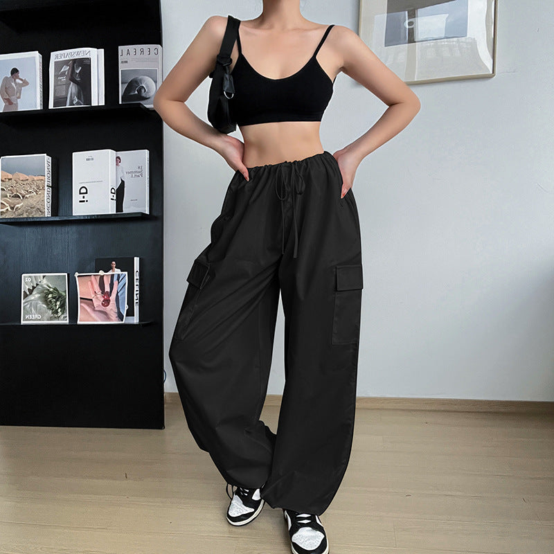 Luvik | Large Sizes String Straight Legs Cargo Pants for Women Loose and Wide Legs