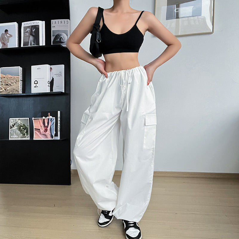 Luvik | Large Sizes String Straight Legs Cargo Pants for Women Loose and Wide Legs