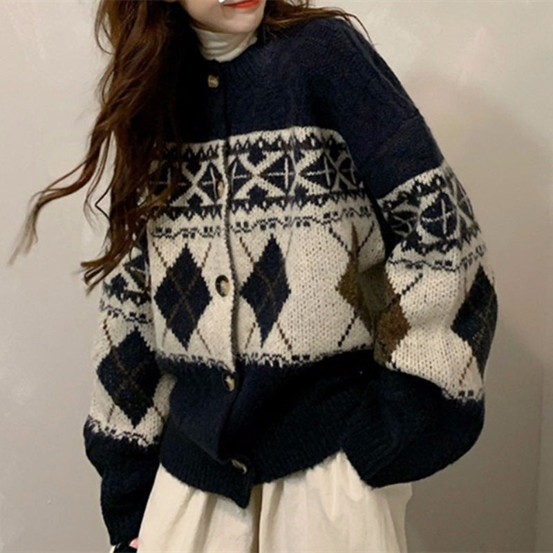 Luvik | Retro Korean Style Loose Rhombus Pattern Thickened Student Sweater Coat