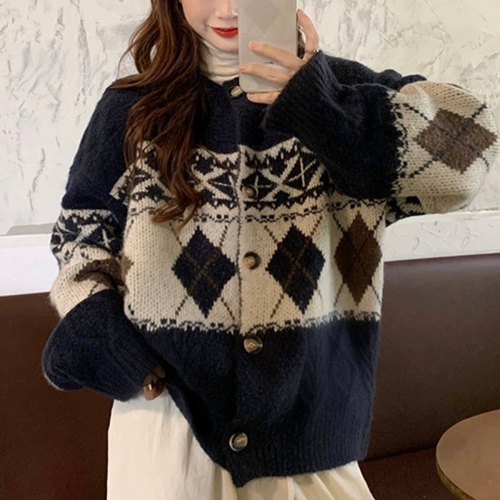 Luvik | Retro Korean Style Loose Rhombus Pattern Thickened Student Sweater Coat