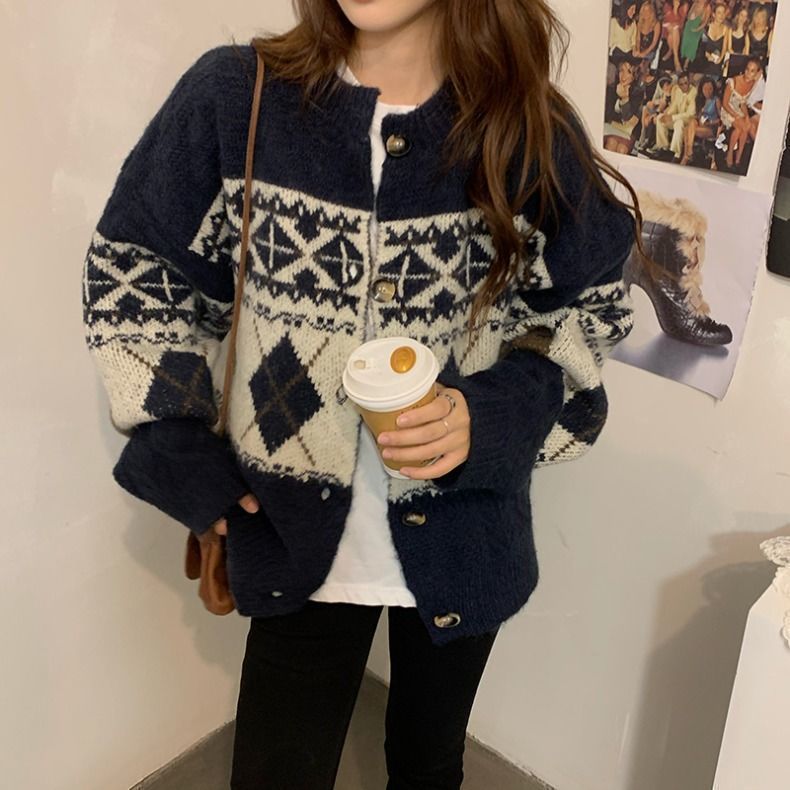 Luvik | Retro Korean Style Loose Rhombus Pattern Thickened Student Sweater Coat
