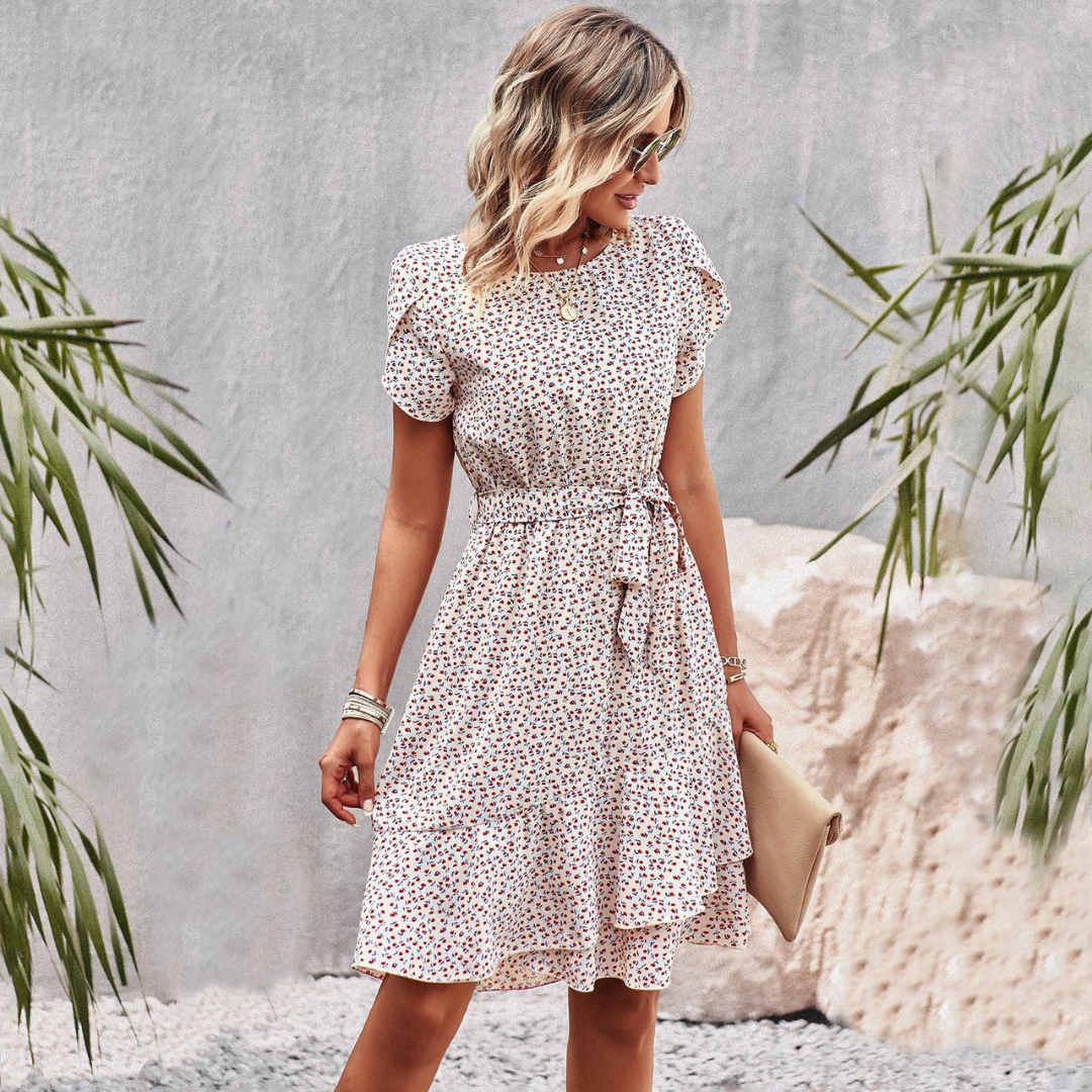 Luvik | Fit and Flare Mekko Polvenpituinen Lyhyet Hihat Solmivyö Kukallinen Printti