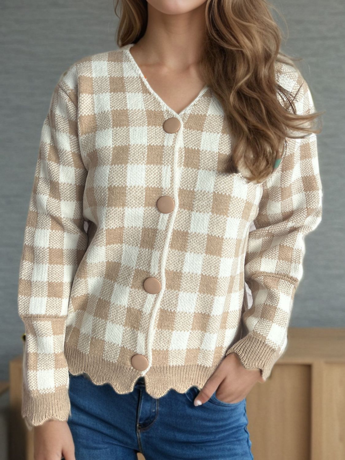 Luvik | Tyylikäs Ruudullinen V-Pääntie Cardigan