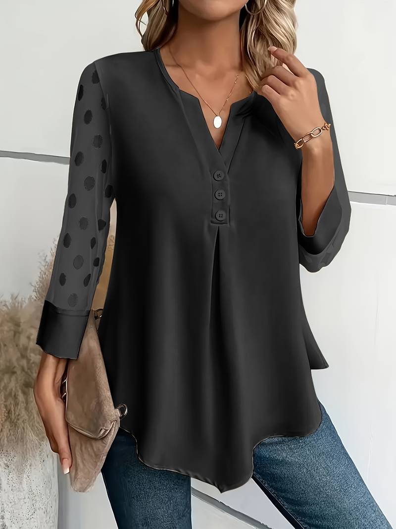 Luvik | Tyylikäs blusa, jossa on V-pääntie ja pilkulliset hihat