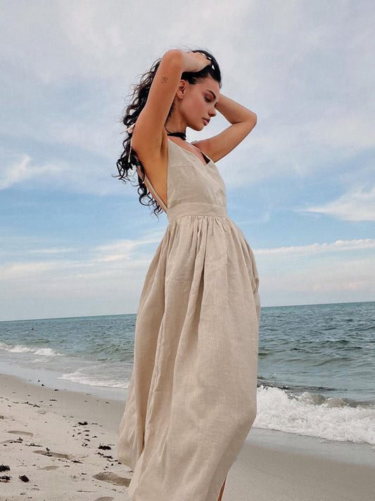 Luvik | Cotton Linen Lace Up Long Dress